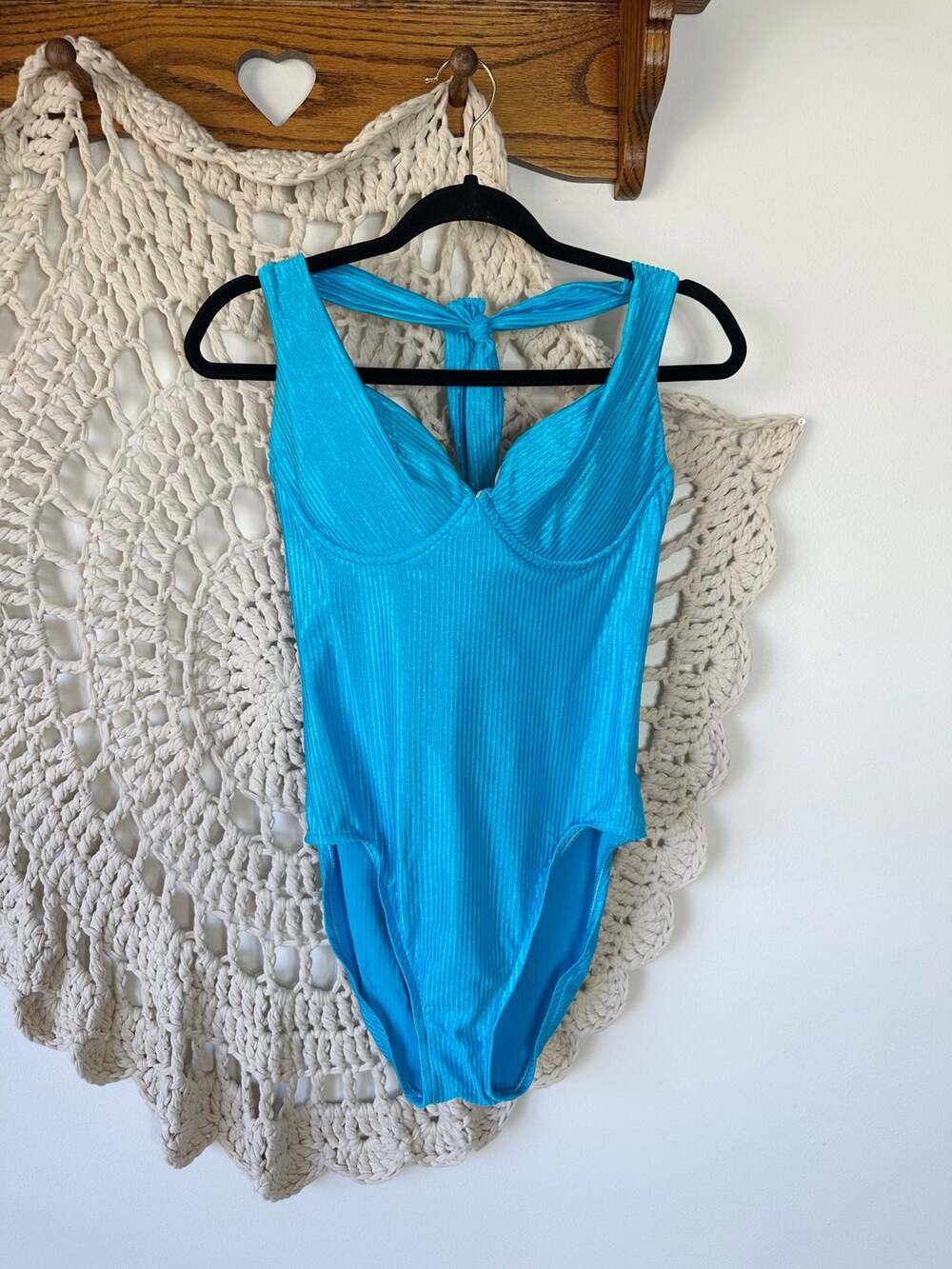 Victoria Secret Vintage 1995 Bright Blue Ribbed Halter Neck One Piece Swim Large